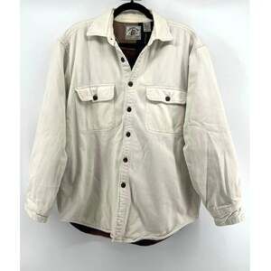 Vintage 90s American Blue Fleece Lined Shirt Jacket Cream Denim Plaid Shacket